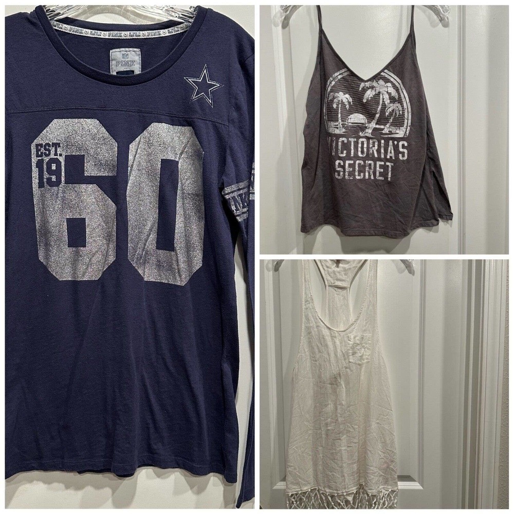 Victoria Secret Pink Lot Of 3 Tank Tops/Open Back Medium Dallas Cowboys Fringe